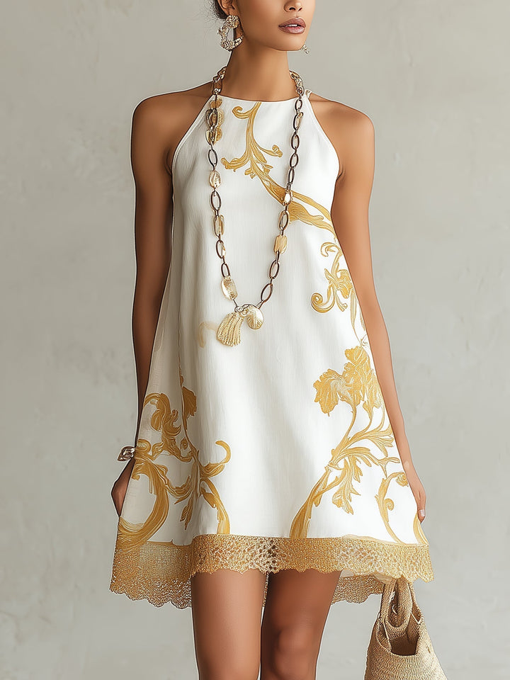 Héloïse | Robe Mini en Dentelle Blanche avec Motifs Dorés