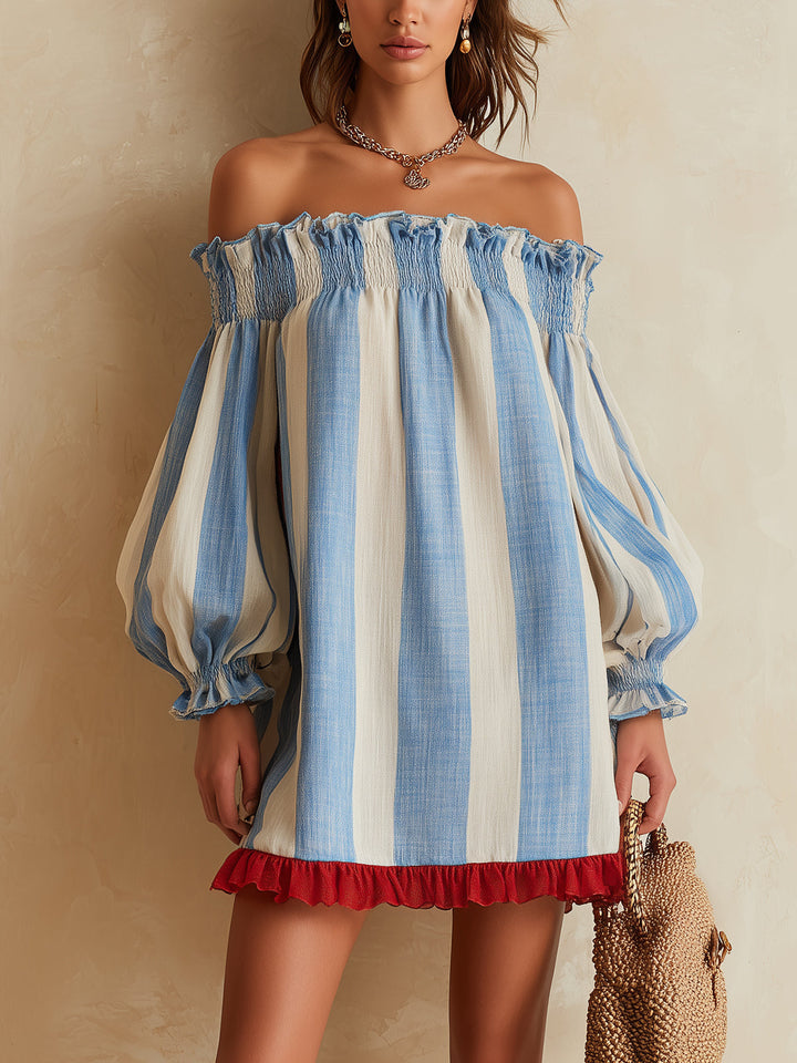 Ondine | Mini Robe Rayures Bleues et Blanches avec Épaules Dégagées et Ourlet Contrasté