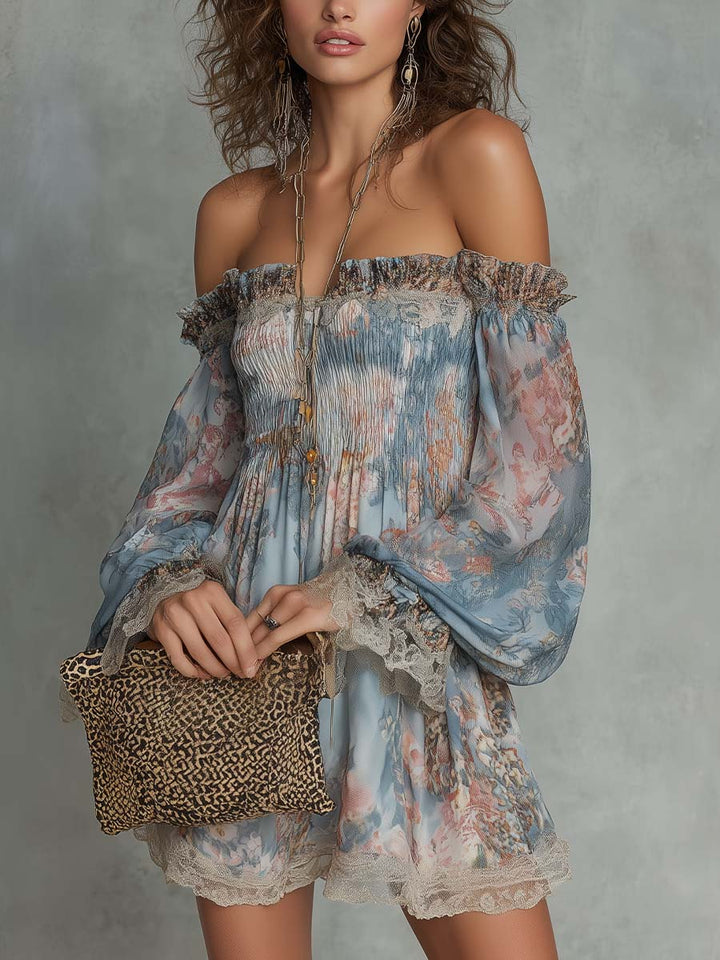 Romane | Robe Mini en Mousseline Froncée avec Épaules Dégagées et Fleurs Romantiques