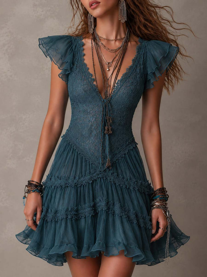 Delphine | Mini Robe avec Volants en Dentelle et Mousseline Bleu Rétro