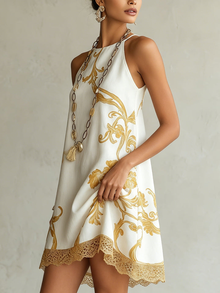 Héloïse | Robe Mini en Dentelle Blanche avec Motifs Dorés