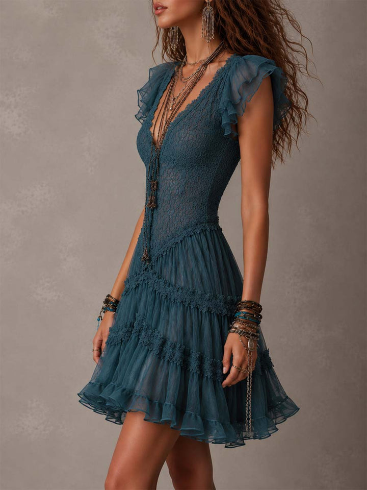 Delphine | Mini Robe avec Volants en Dentelle et Mousseline Bleu Rétro