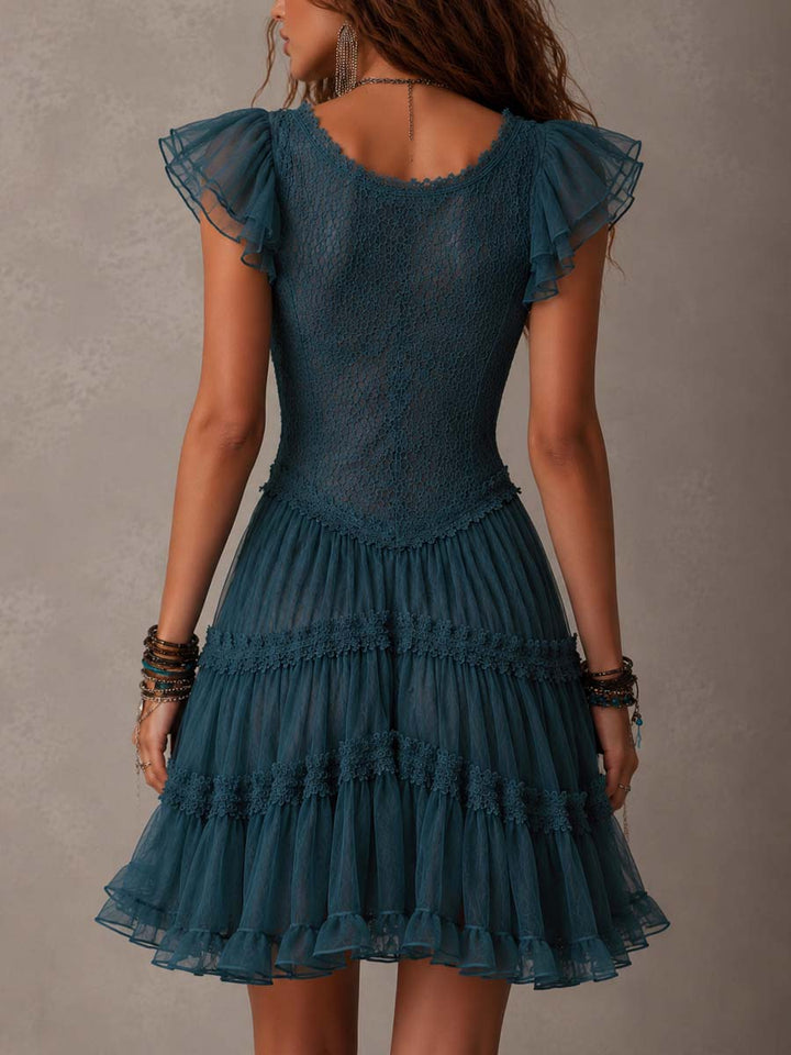 Delphine | Mini Robe avec Volants en Dentelle et Mousseline Bleu Rétro