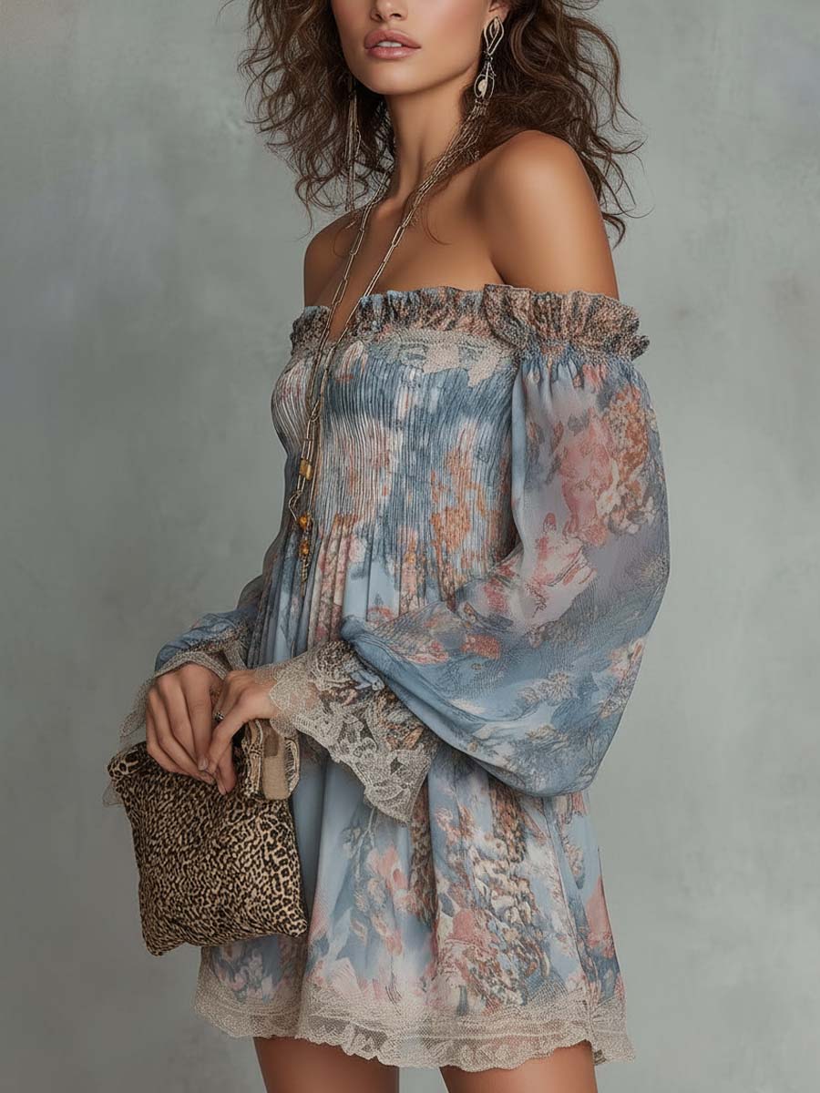 Romane | Robe Mini en Mousseline Froncée avec Épaules Dégagées et Fleurs Romantiques