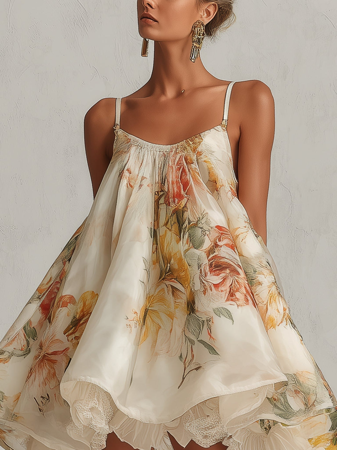 Blanche | Robe Mini en Organza à Volants Fleurs Beiges avec Bord en Dentelle