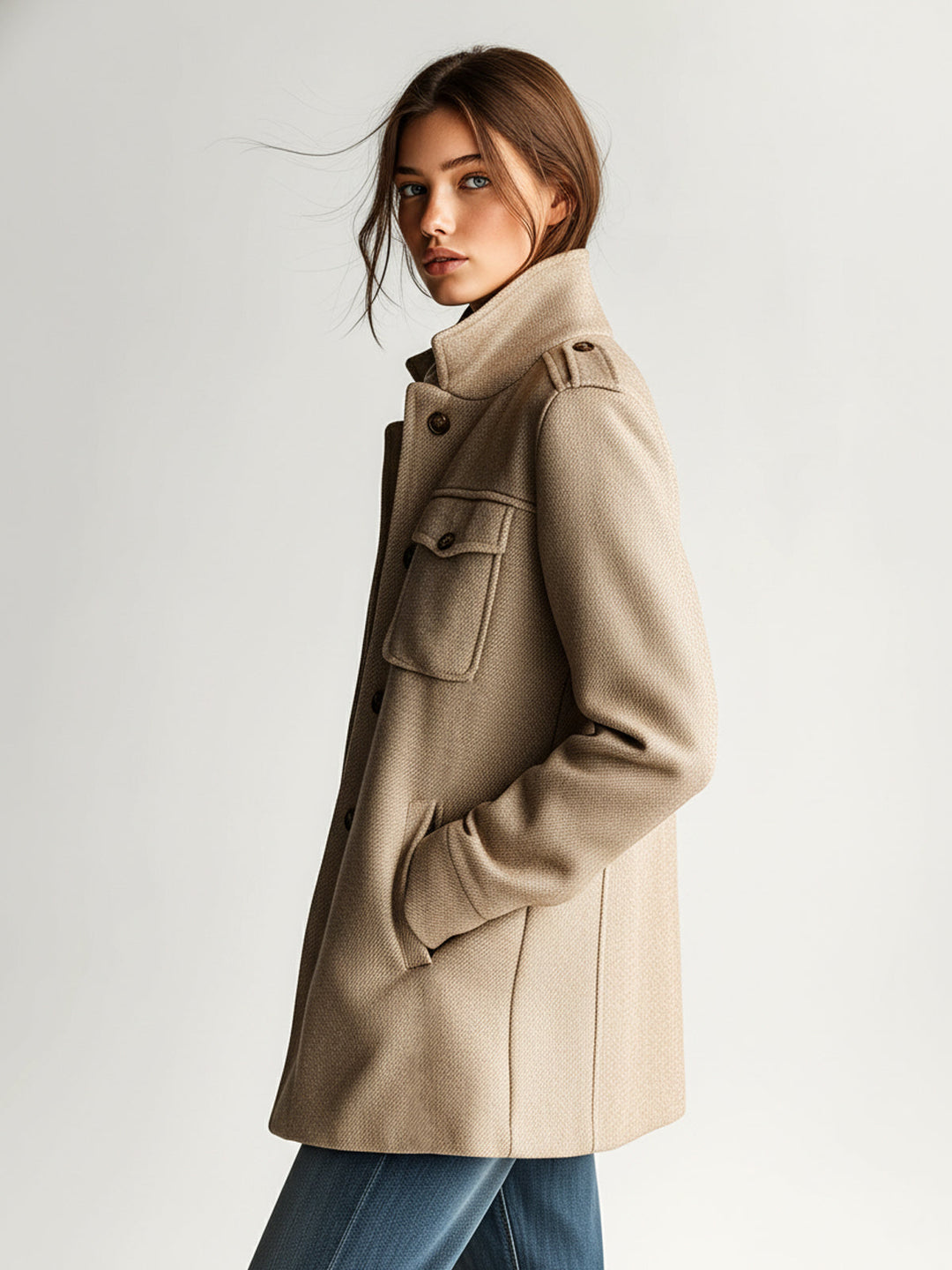 Manteau court vintage décontracté en mélange de laine kaki à col montant et épaulettes à poches multiples