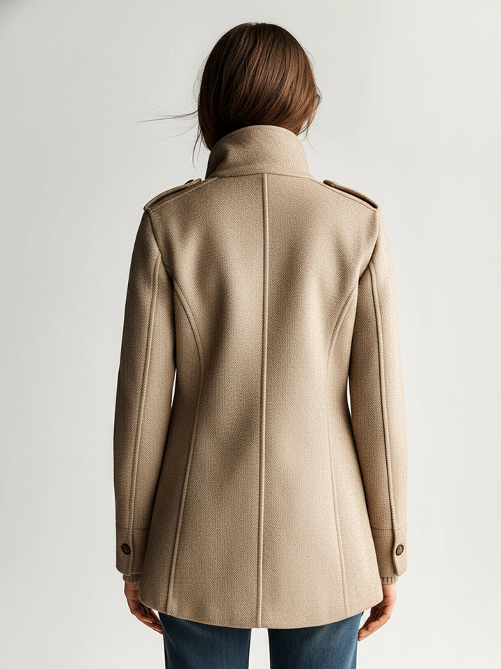 Manteau court vintage décontracté en mélange de laine kaki à col montant et épaulettes à poches multiples