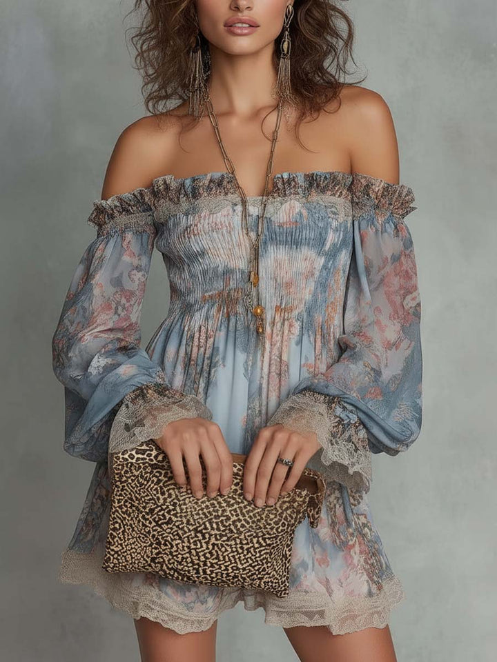 Romane | Robe Mini en Mousseline Froncée avec Épaules Dégagées et Fleurs Romantiques