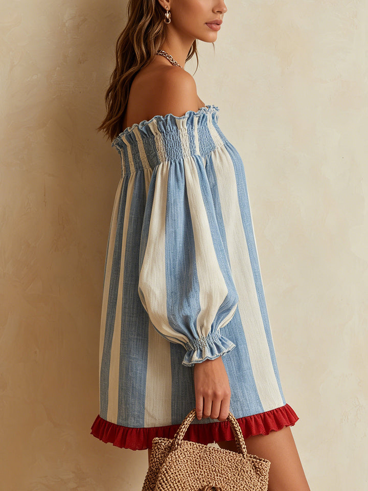 Ondine | Mini Robe Rayures Bleues et Blanches avec Épaules Dégagées et Ourlet Contrasté