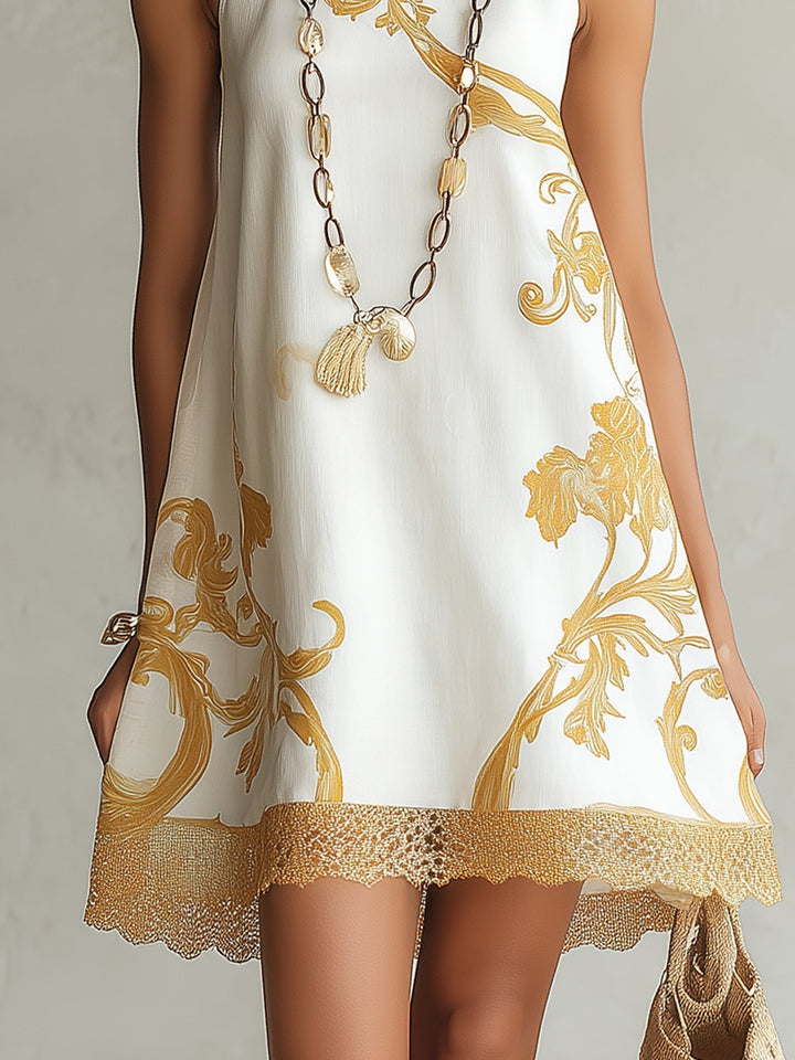 Héloïse | Robe Mini en Dentelle Blanche avec Motifs Dorés