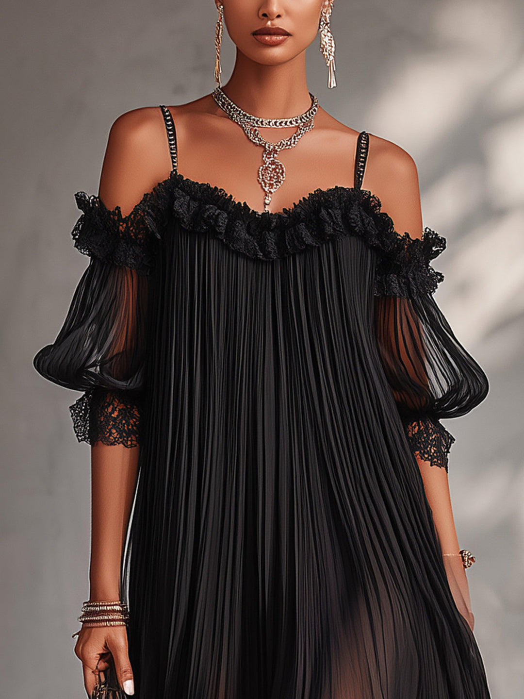 Camille | Robe Mini en Mousseline Noire avec Épaules Dégagées et Bord en Dentelle