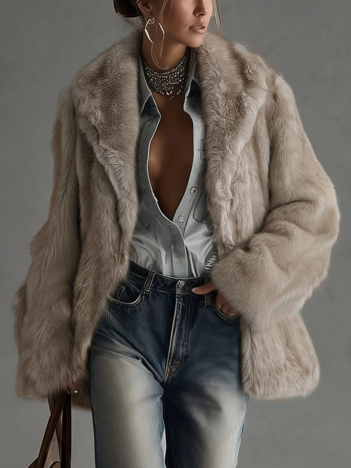Manteau Oversized en Fourrure Synthétique Taupe Doux à Manches Longues
