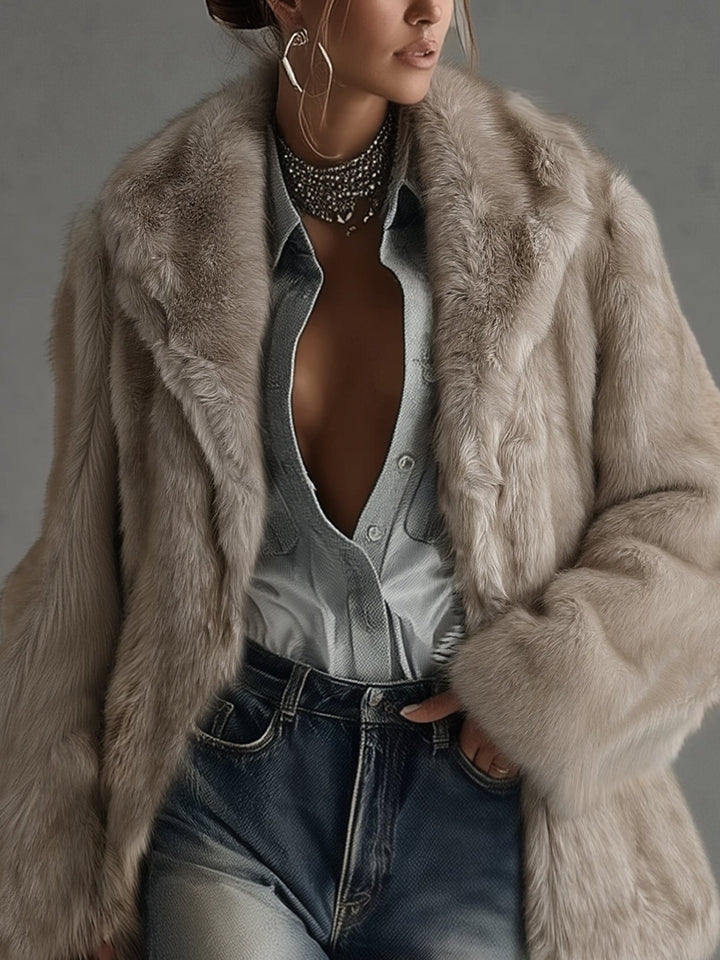 Manteau Oversized en Fourrure Synthétique Taupe Doux à Manches Longues