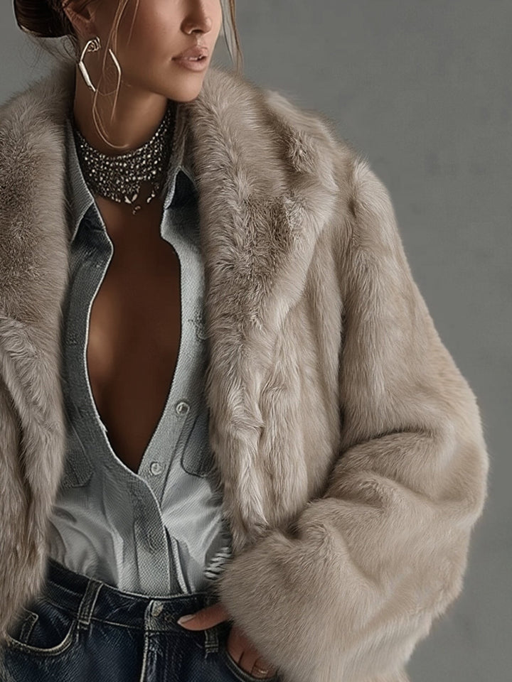 Manteau Oversized en Fourrure Synthétique Taupe Doux à Manches Longues