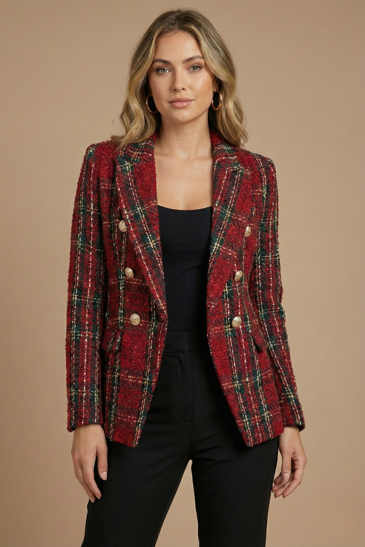 Blazer en tweed à carreaux pour femme – coupe vintage, double boutonnage, boutons dorés