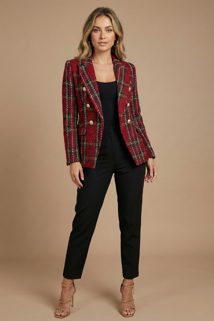 Blazer en tweed à carreaux pour femme – coupe vintage, double boutonnage, boutons dorés