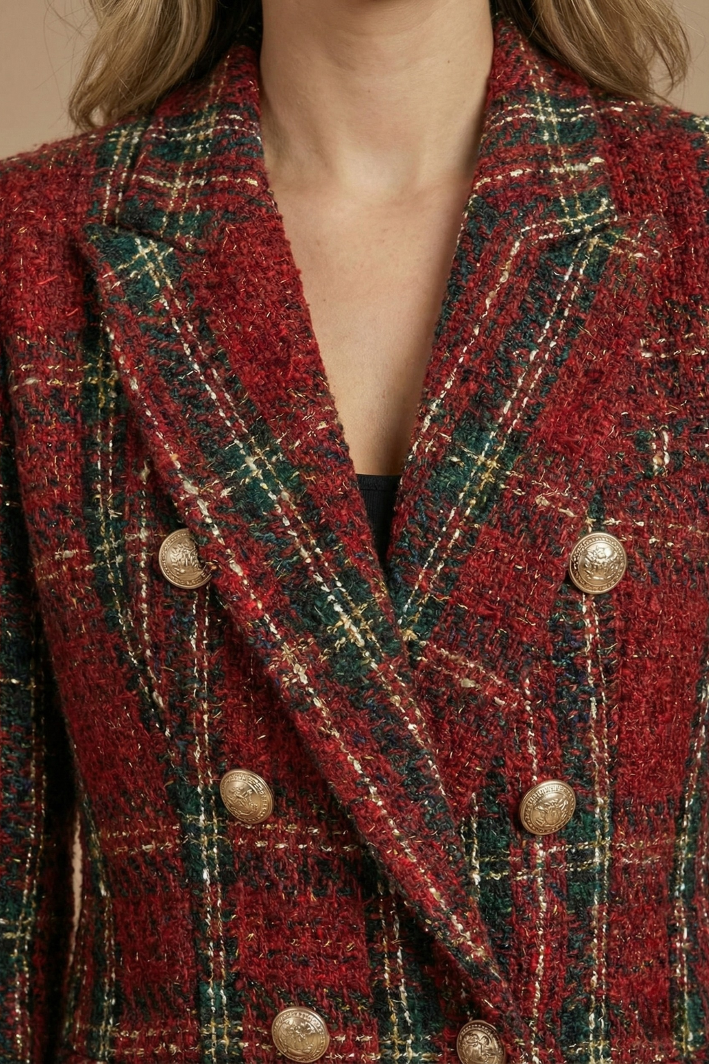Blazer en tweed à carreaux pour femme – coupe vintage, double boutonnage, boutons dorés