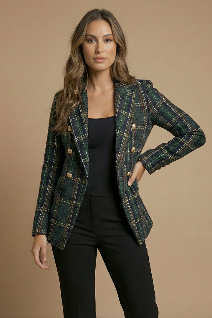 Blazer en tweed à carreaux pour femme – coupe vintage, double boutonnage, boutons dorés