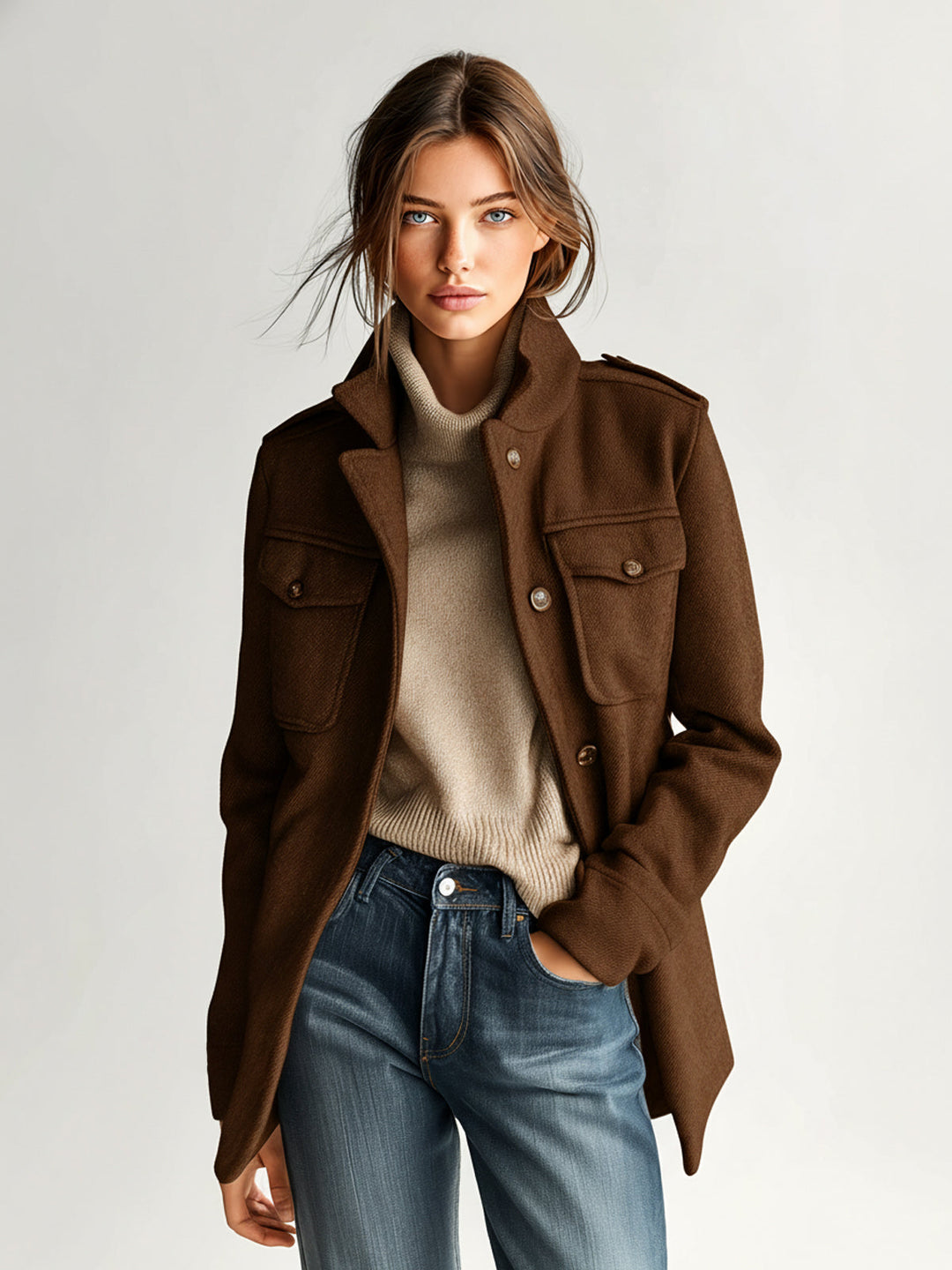 Manteau court vintage décontracté en mélange de laine kaki à col montant et épaulettes à poches multiples