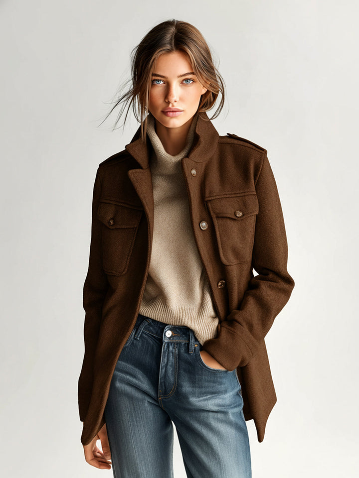 Manteau court vintage décontracté en mélange de laine kaki à col montant et épaulettes à poches multiples