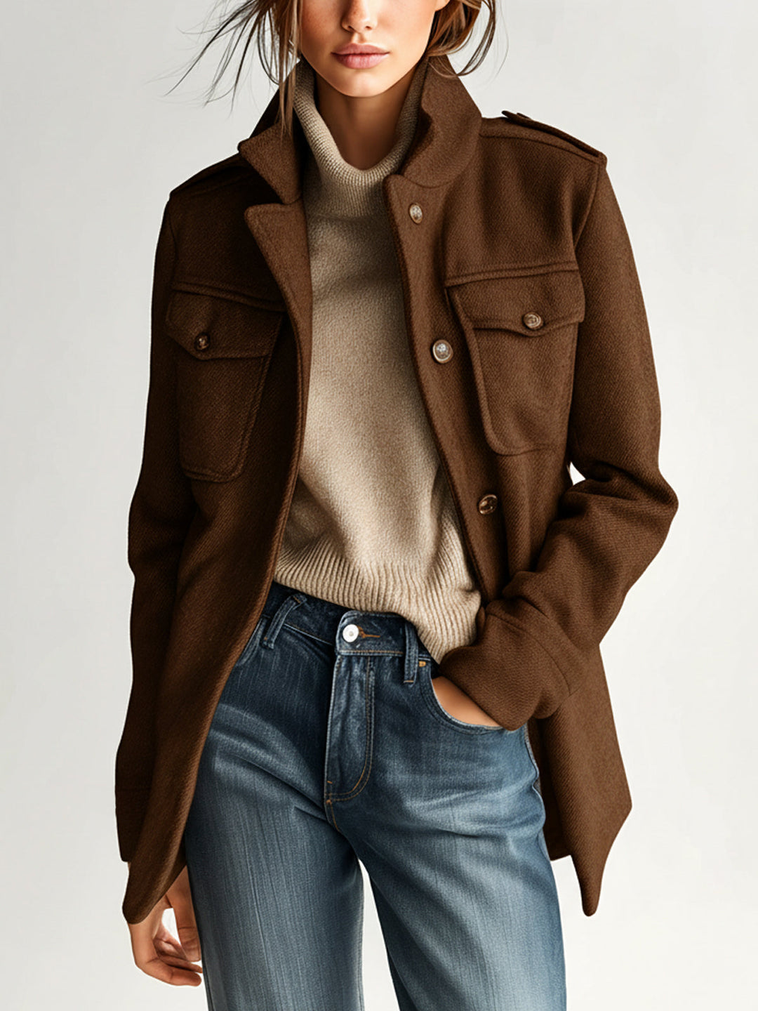 Manteau court vintage décontracté en mélange de laine kaki à col montant et épaulettes à poches multiples