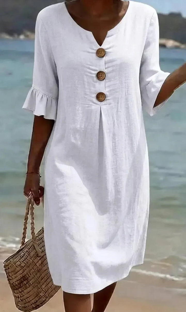 Vanesa | Robe en lin texturé avec manches ballon et boutons