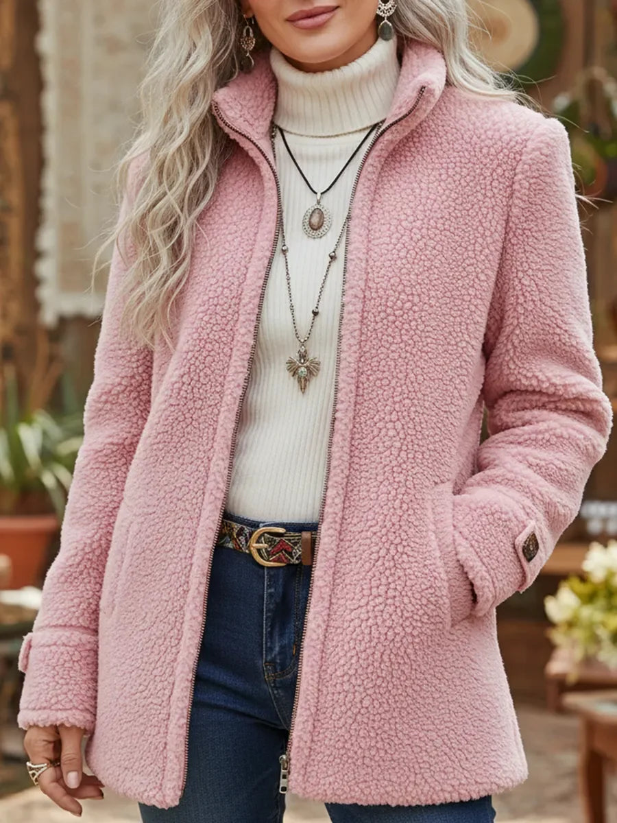 Chanelle | Veste à col montant en laine d'agneau avec fermeture éclair intégrale