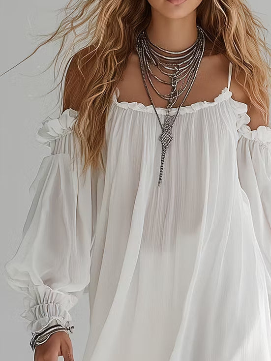 Mélusine | Robe Mini Fluide Style Bohémien avec Épaules Dégagées