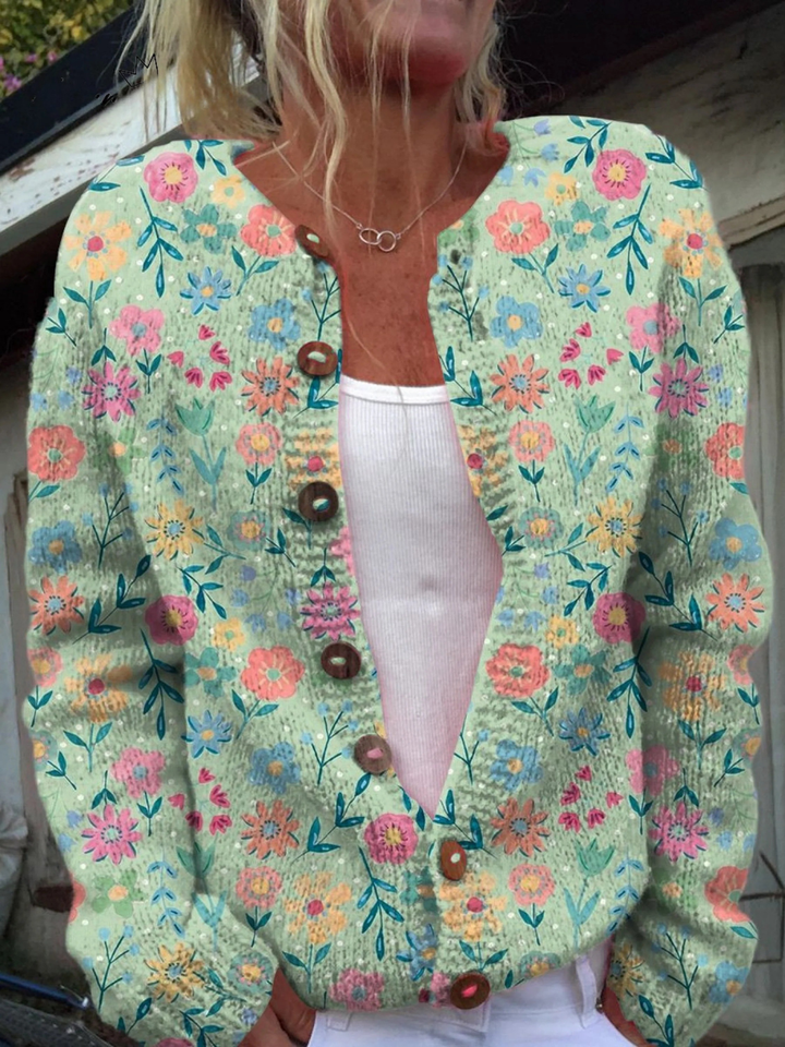Foxfield | Cardigan en tricot à motif floral pastel avec boutons en bois