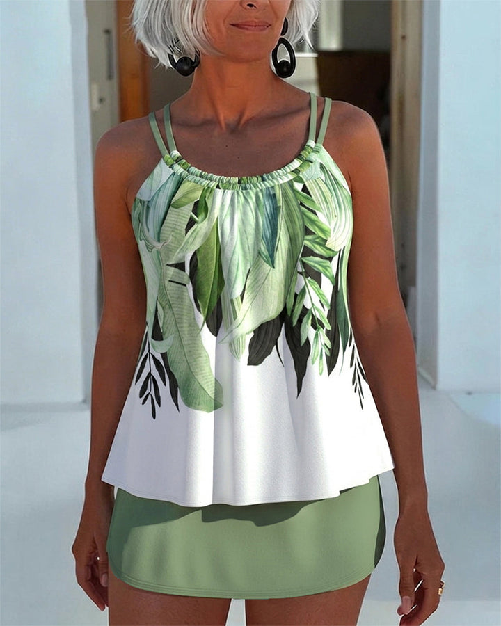 Tankini Vert Feuille Imprimé Cami Jupe