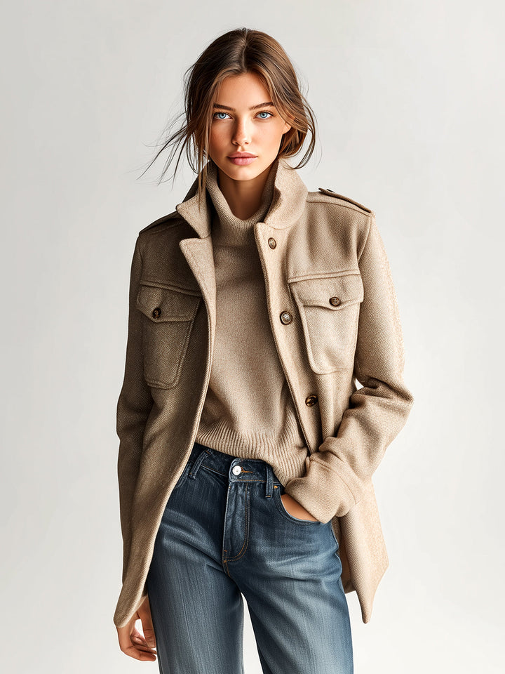 Manteau court vintage décontracté en mélange de laine kaki à col montant et épaulettes à poches multiples