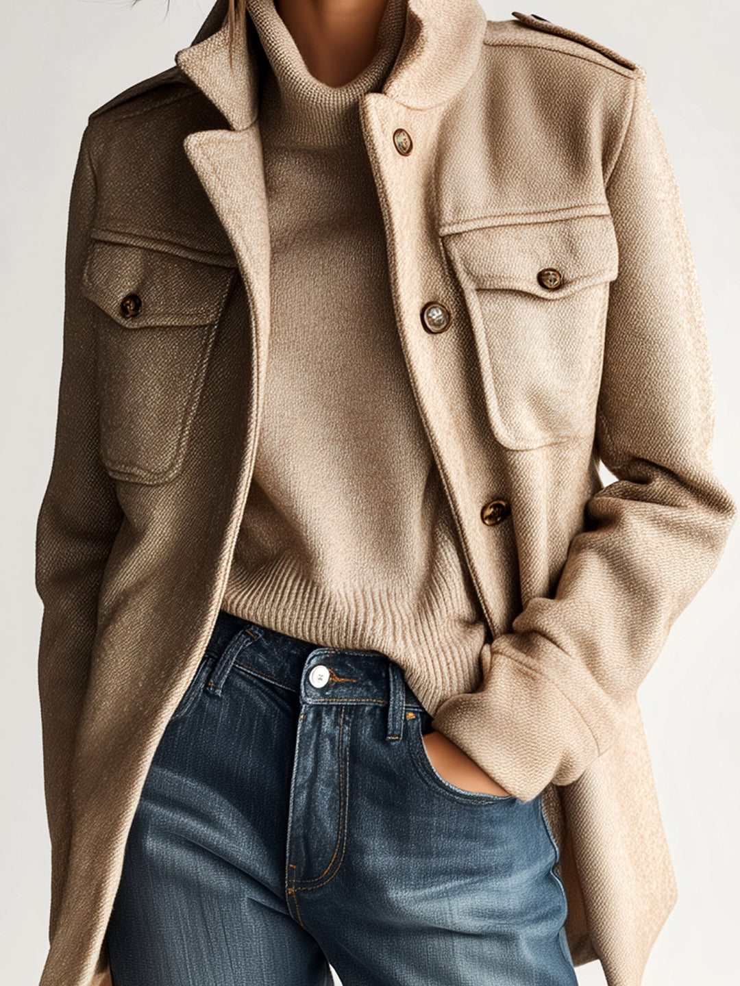 Manteau court vintage décontracté en mélange de laine kaki à col montant et épaulettes à poches multiples