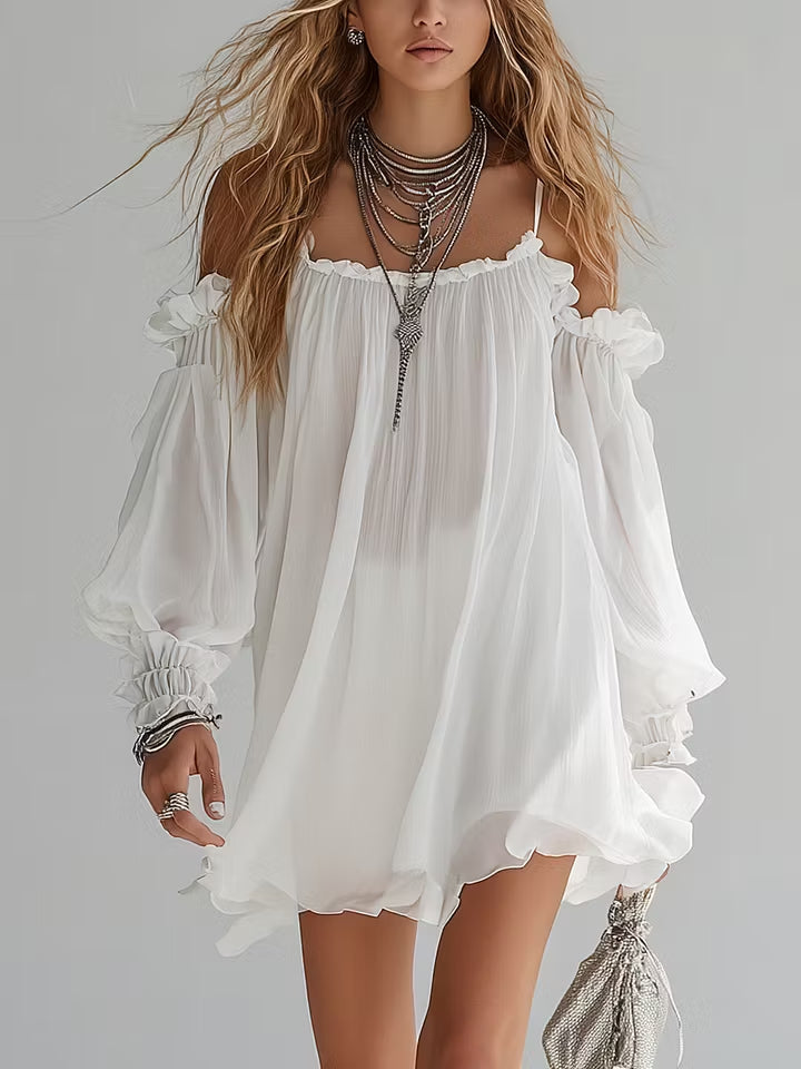 Mélusine | Robe Mini Fluide Style Bohémien avec Épaules Dégagées