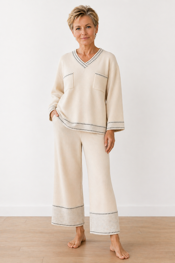 OHANA | Haut V-Neck Abricot et Pantalon Large Ensemble de Détente