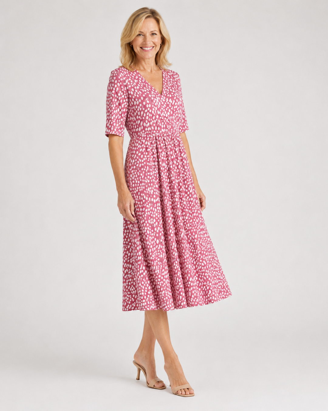 Pénélope | Robe Midi Imprimé Pois Irréguliers Col V & Taille Cintrée