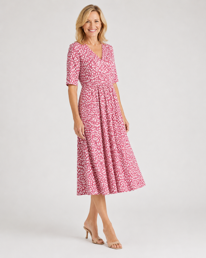 Pénélope | Robe Midi Imprimé Pois Irréguliers Col V & Taille Cintrée
