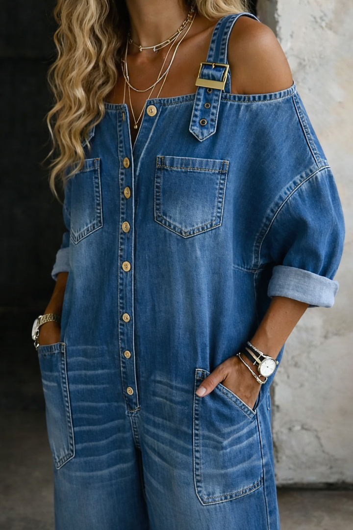 Sophia | Salopette en denim avec épaules dénudées