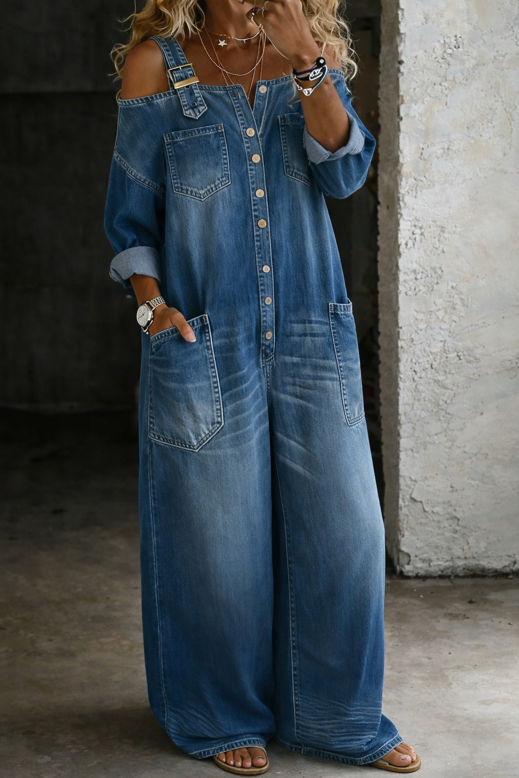Sophia | Salopette en denim avec épaules dénudées