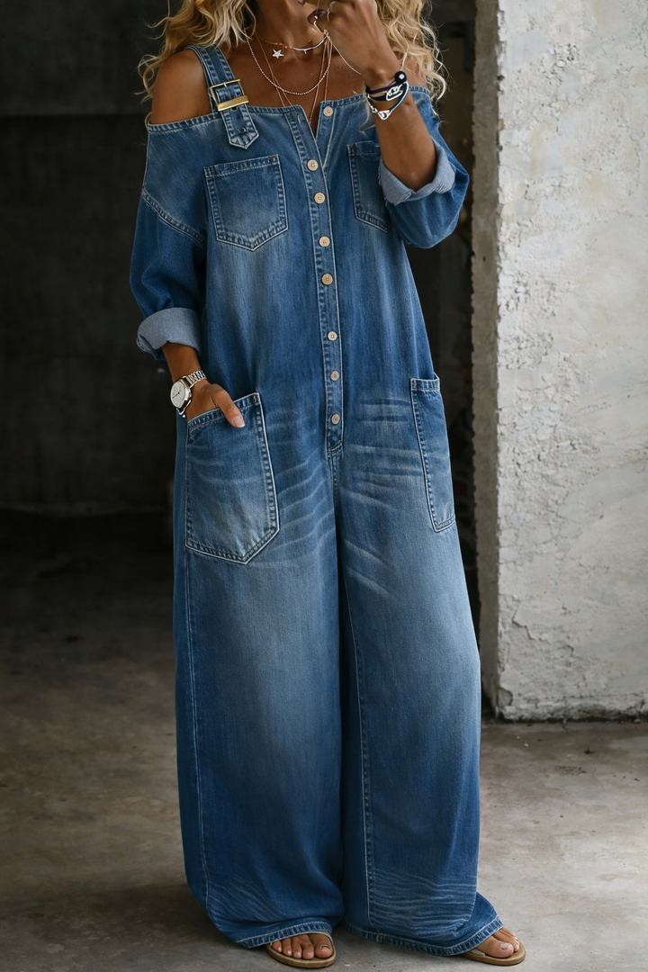 Sophia | Salopette en denim avec épaules dénudées
