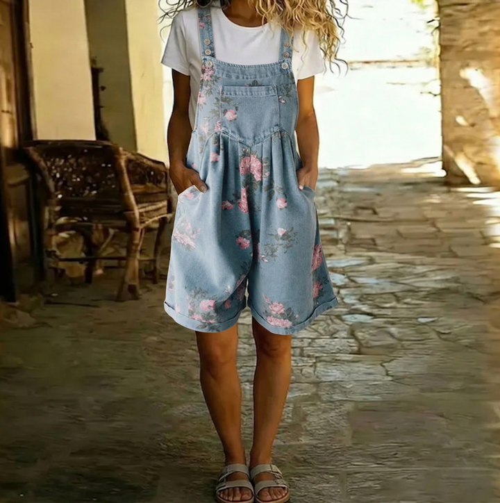 Judy | Salopette en Denim Lavato Vintage avec Sensation de Coton Doux à Fleurs