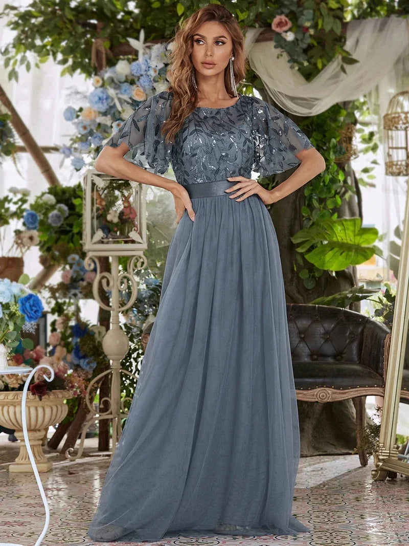 Margot | Robe Maxi à Manches Courtes en Sequins