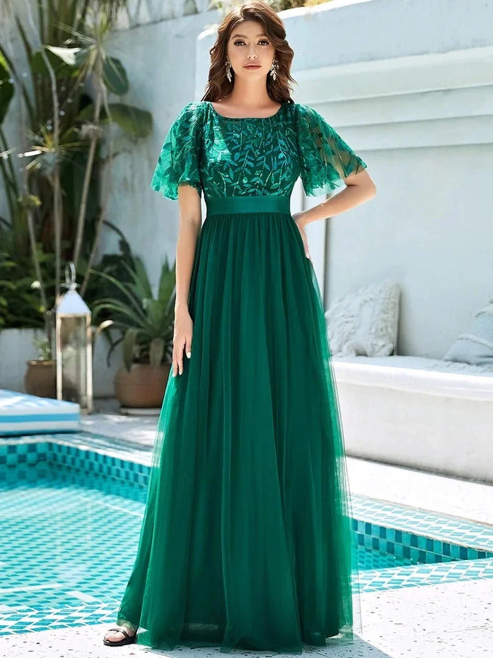 Margot | Robe Maxi à Manches Courtes en Sequins
