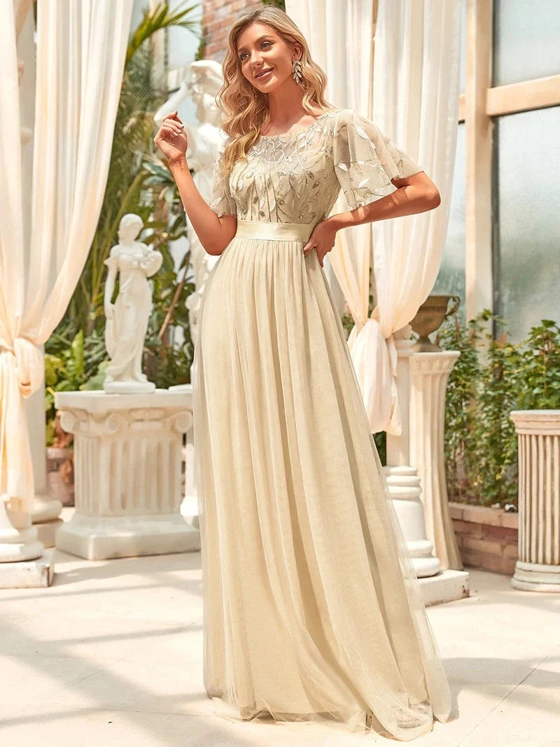 Margot | Robe Maxi à Manches Courtes en Sequins