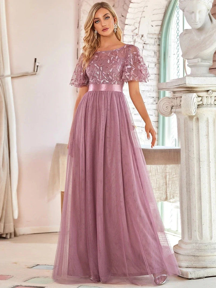 Margot | Robe Maxi à Manches Courtes en Sequins