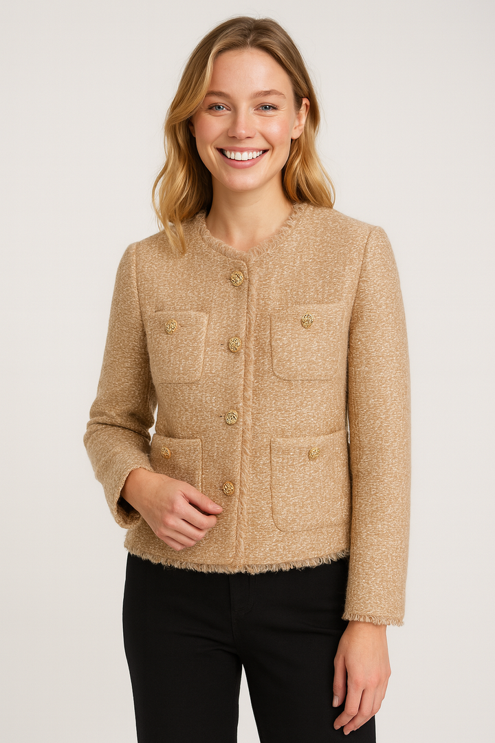 Blazer pour femme – sans col, boutons dorés, quatre poches