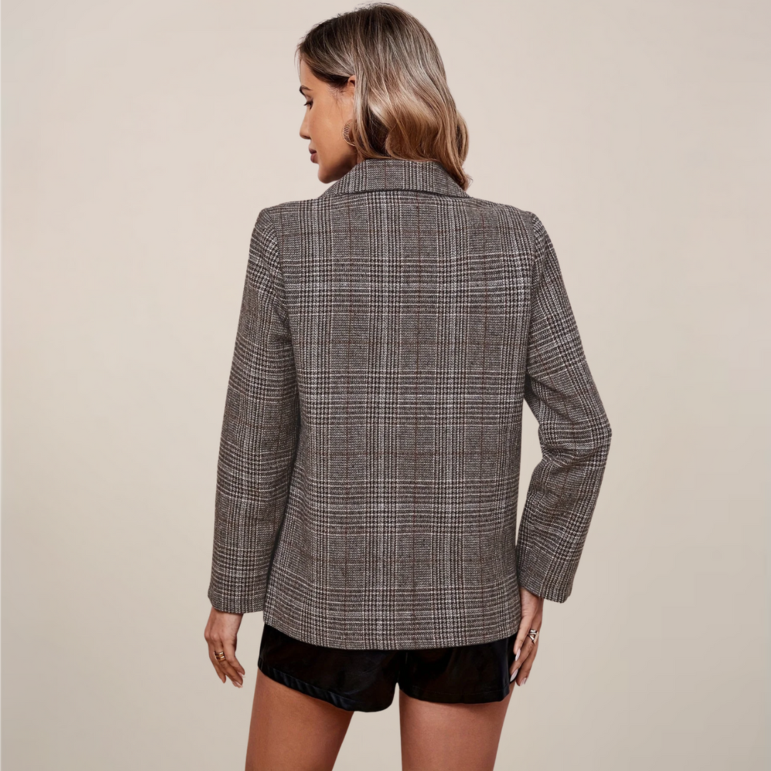 Blazer à carreaux pour femme – col à revers cranté, simple boutonnage, coupe longue