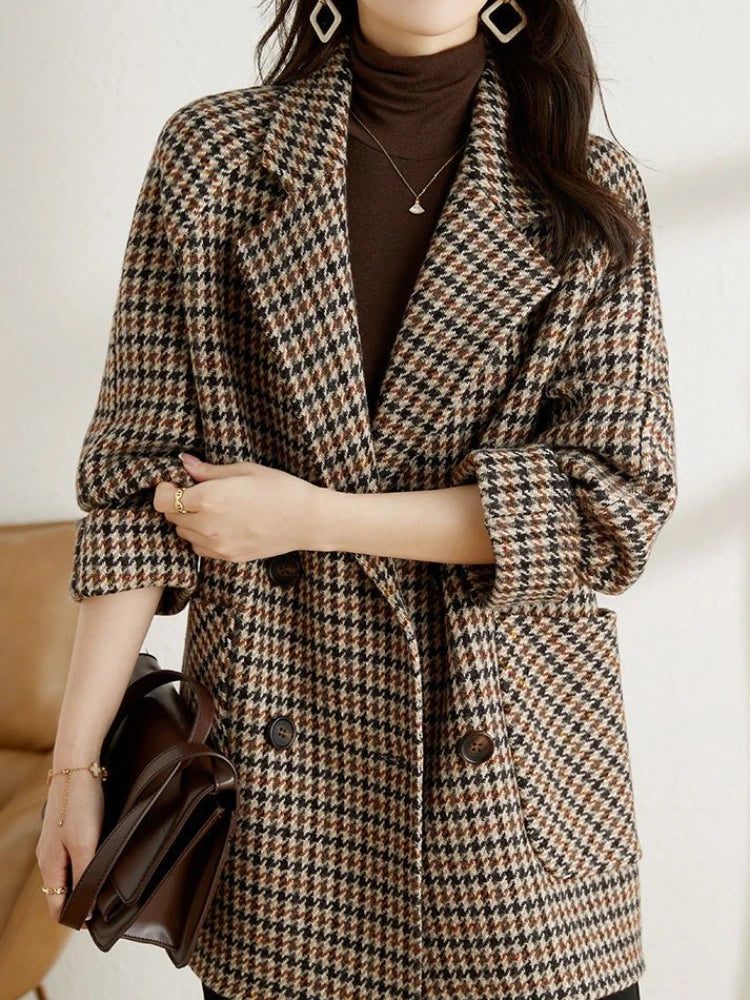 Blazer long à carreaux pour femme – Style classique automne-hiver