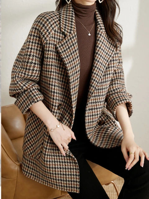 Blazer long à carreaux pour femme – Style classique automne-hiver