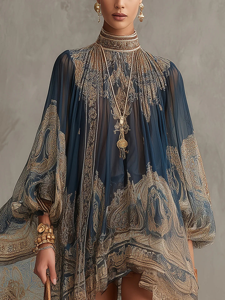 Bérénice | Robe Mini en Mousseline Asymétrique avec Imprimé Baroque Bleu Marine et Col Haut