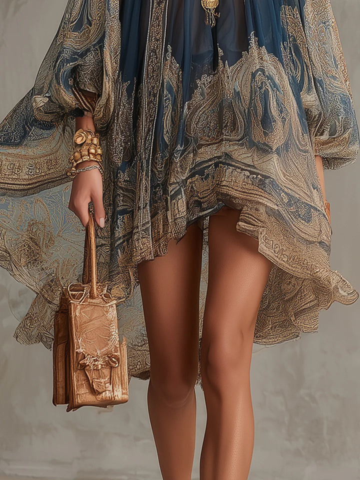 Bérénice | Robe Mini en Mousseline Asymétrique avec Imprimé Baroque Bleu Marine et Col Haut